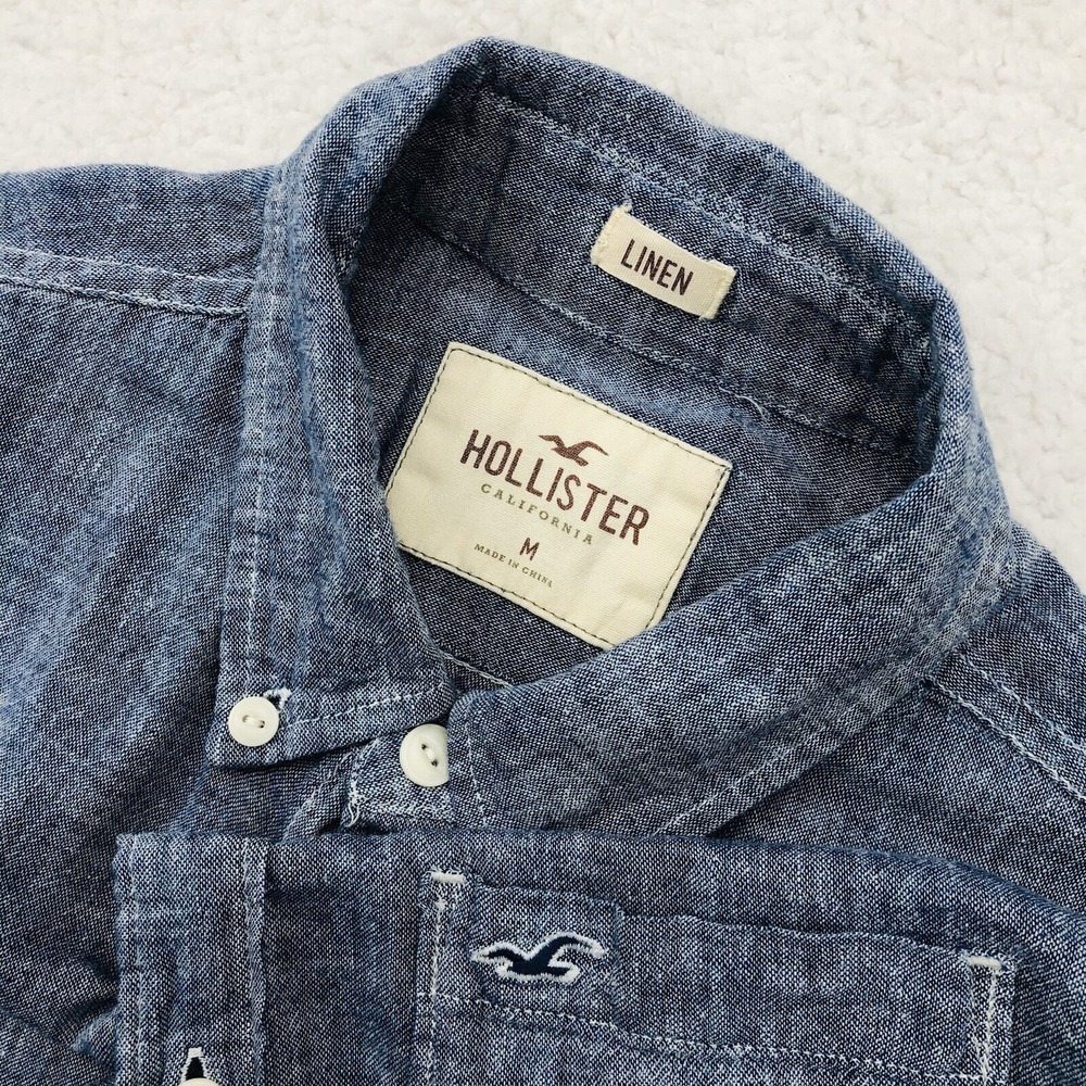 Hollister Button Shirt Mens Medium Blue LINEN BLEND Seagull Pocket Short Sleeve